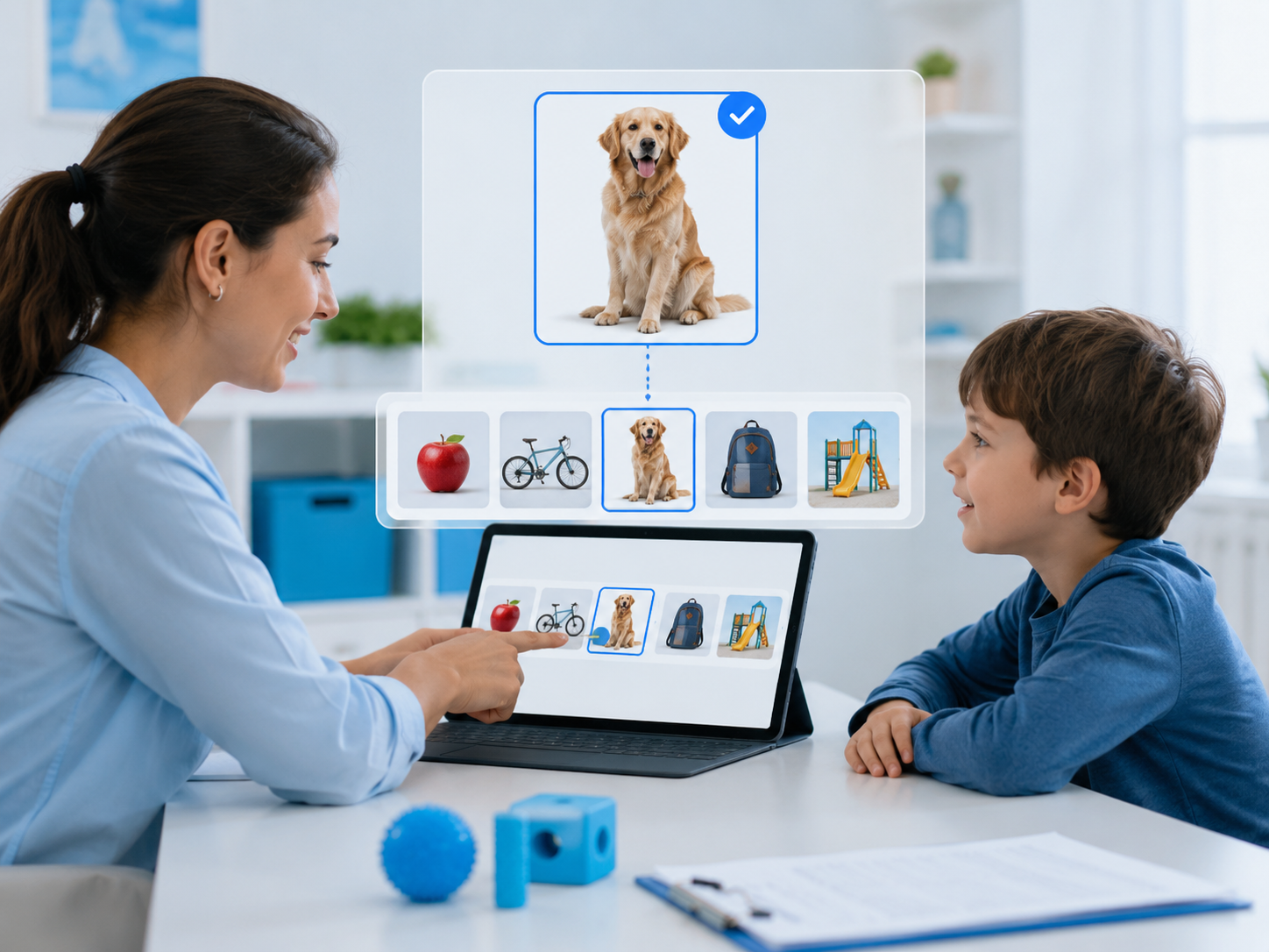 Therapist and child selecting a realistic visual aid on a tablet