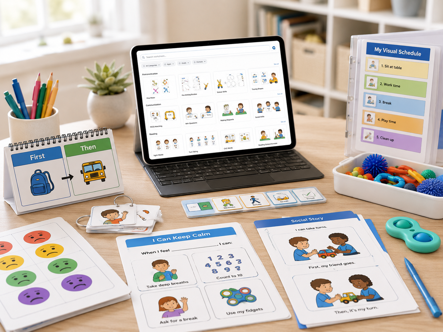 Worksheets, visual schedules and learning materials on a desk with a tablet